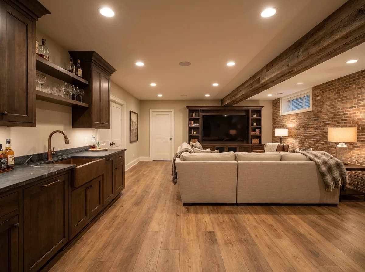 Finished basement with wet bar, media lounge and luxury vinyl plank flooring