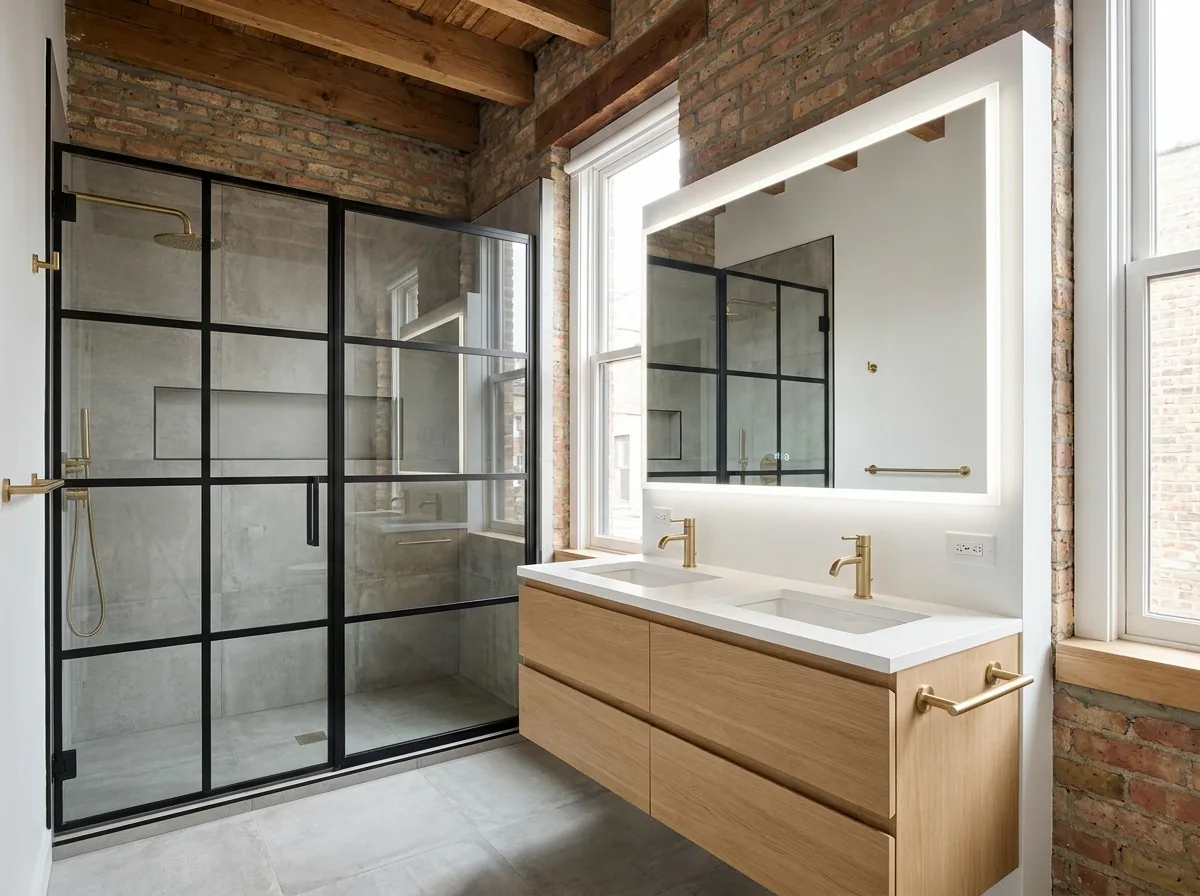Remodeled bathroom with marble-look tile, glass shower and freestanding tub
