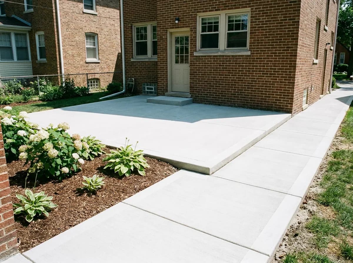 Newly poured concrete patio and walkway behind a Chicago brick home