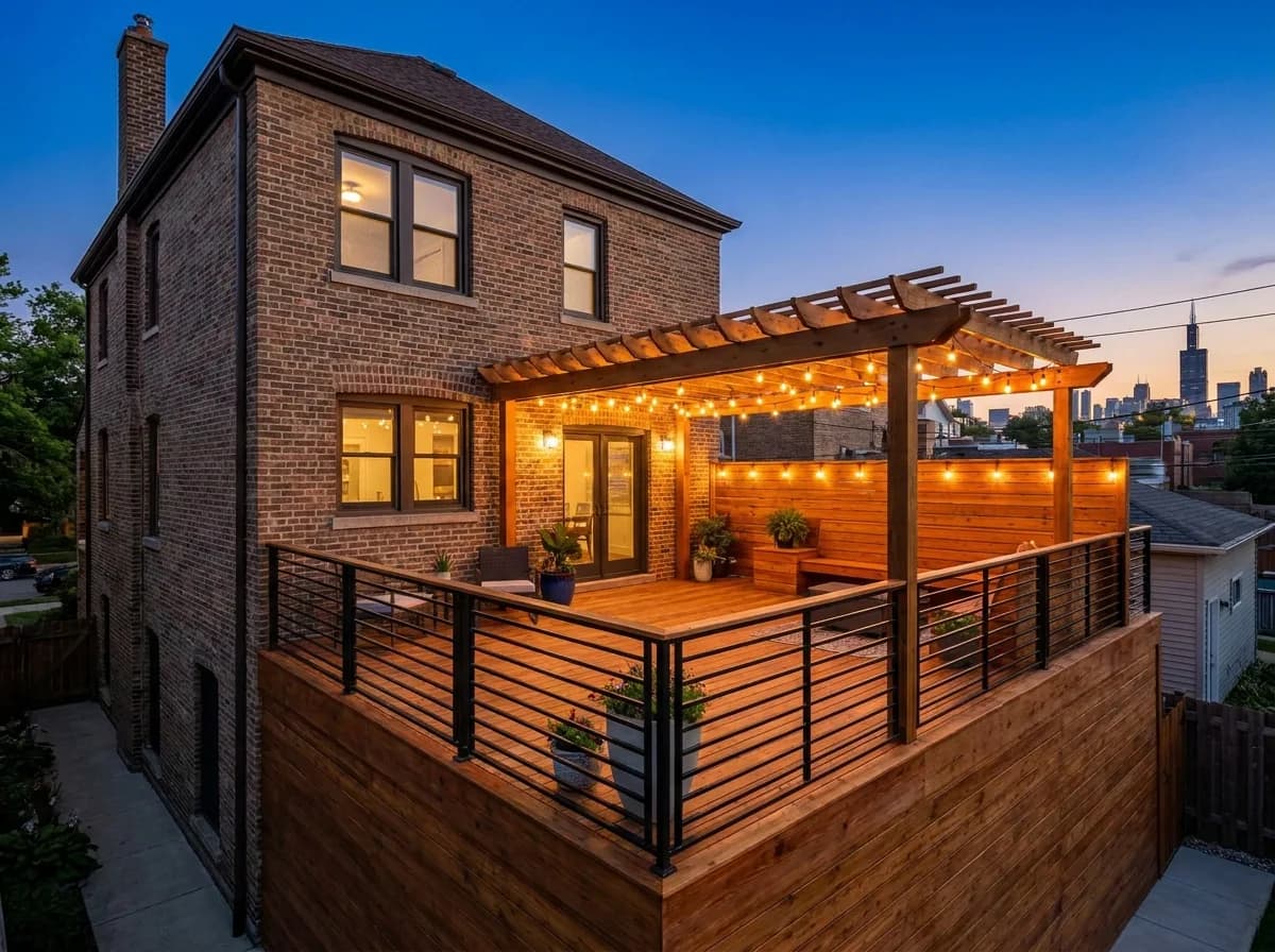 New cedar deck with black metal railings and string lights at dusk