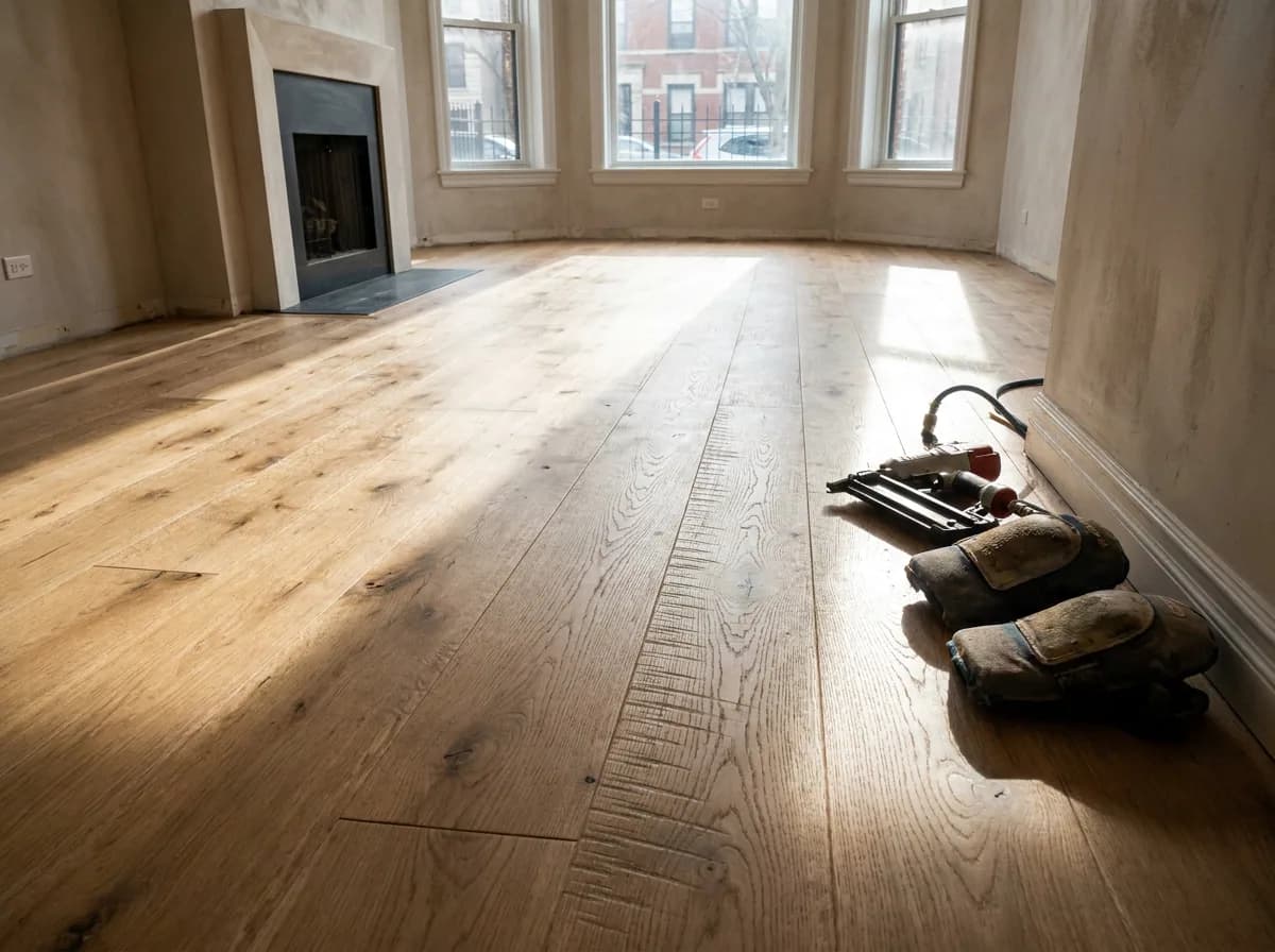 Wide-plank hardwood flooring freshly installed in a bright living room