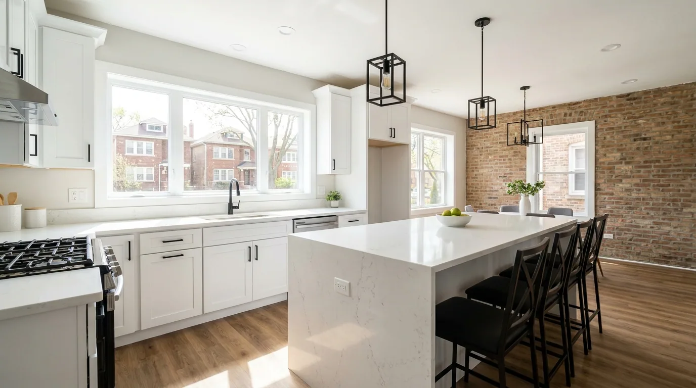 Remodeled modern kitchen with white shaker cabinets and quartz waterfall island
