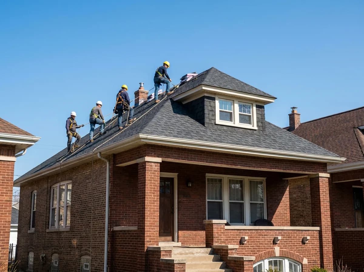 Crew installing architectural shingles on a Chicago bungalow roof