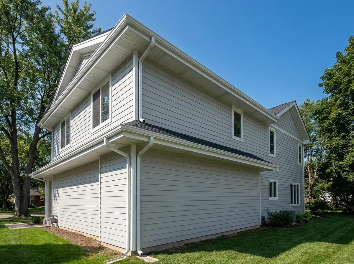 New fiber-cement siding with fresh soffit, fascia and seamless gutters