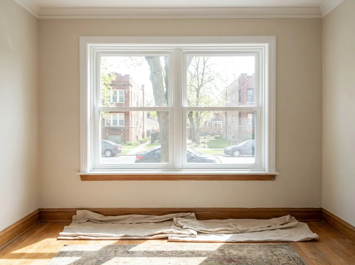 New energy-efficient double-hung window installed in a brick Chicago home